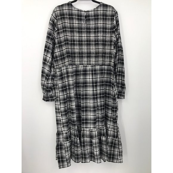 Terra & Sky Tiered Peasant Boho Smocked Midi Dress Black White Plaid 2X NEW - Picture 6 of 6